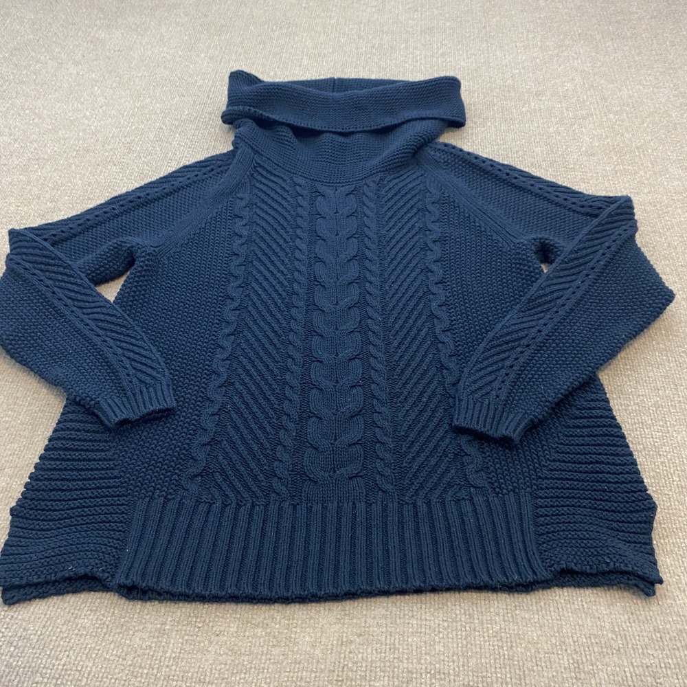 Cabi Sweater Womens M Blue Cable Knit Cowl Neck Tunic Pullover Heavyweight